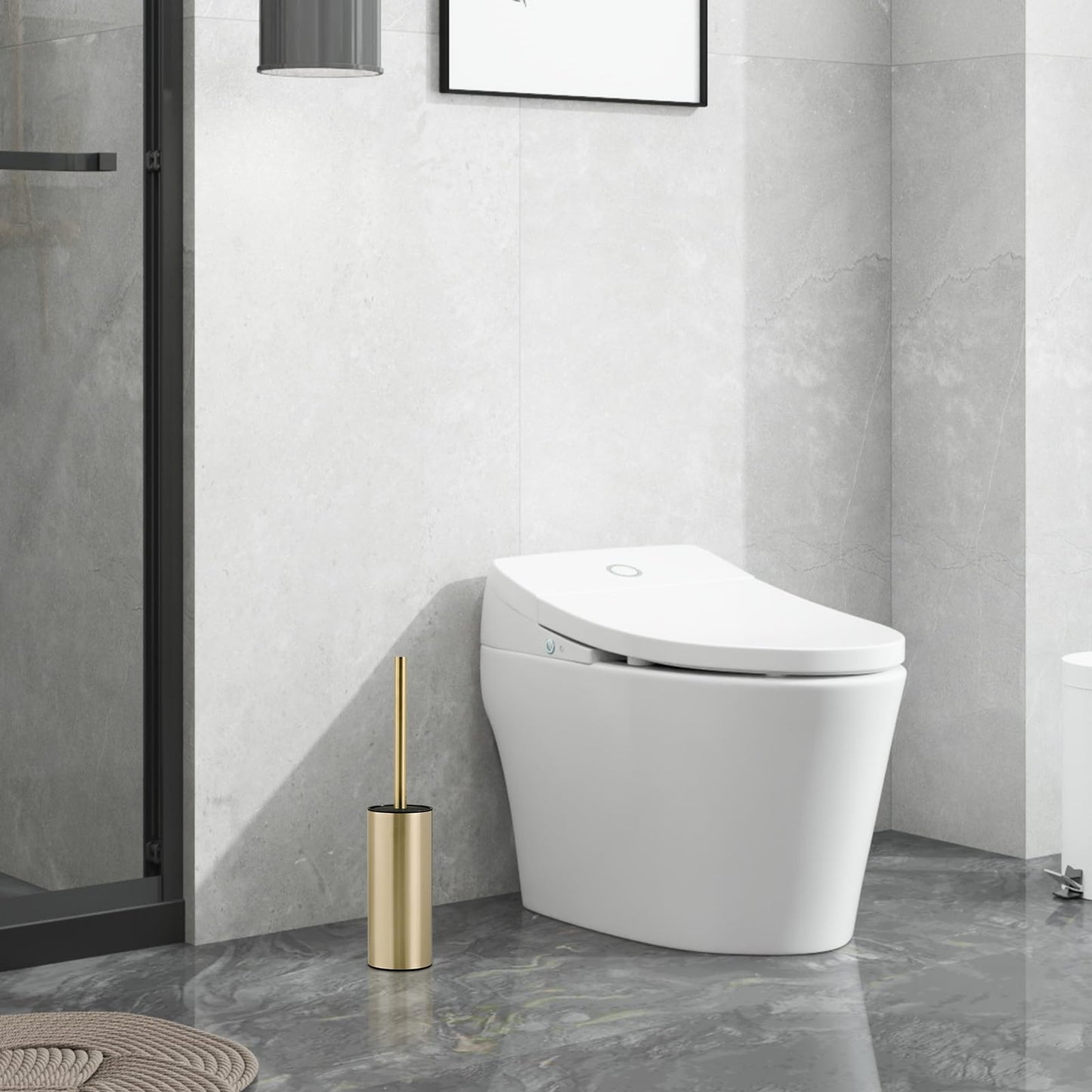 304 Stainless Steel Toilet Brush and Brush Holder Set, Circular Floor Toilet Brush Holder, Long Handle, Bathroom Heavy-Duty Cleaner, High-End Cylinder Wall (Brushed Gold) YIGUANXIN