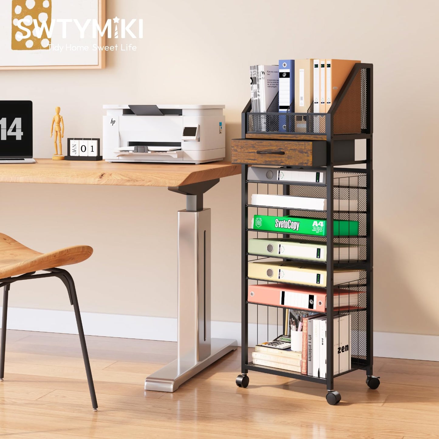 SWTYMIKI Rolling Cart Storage Organizer - 9-Tier Utility Cart with Drawer and Trays, Wood Office Desk Organizer, Office Organization and Binder Storage for Workspace, Home, School, Espresso