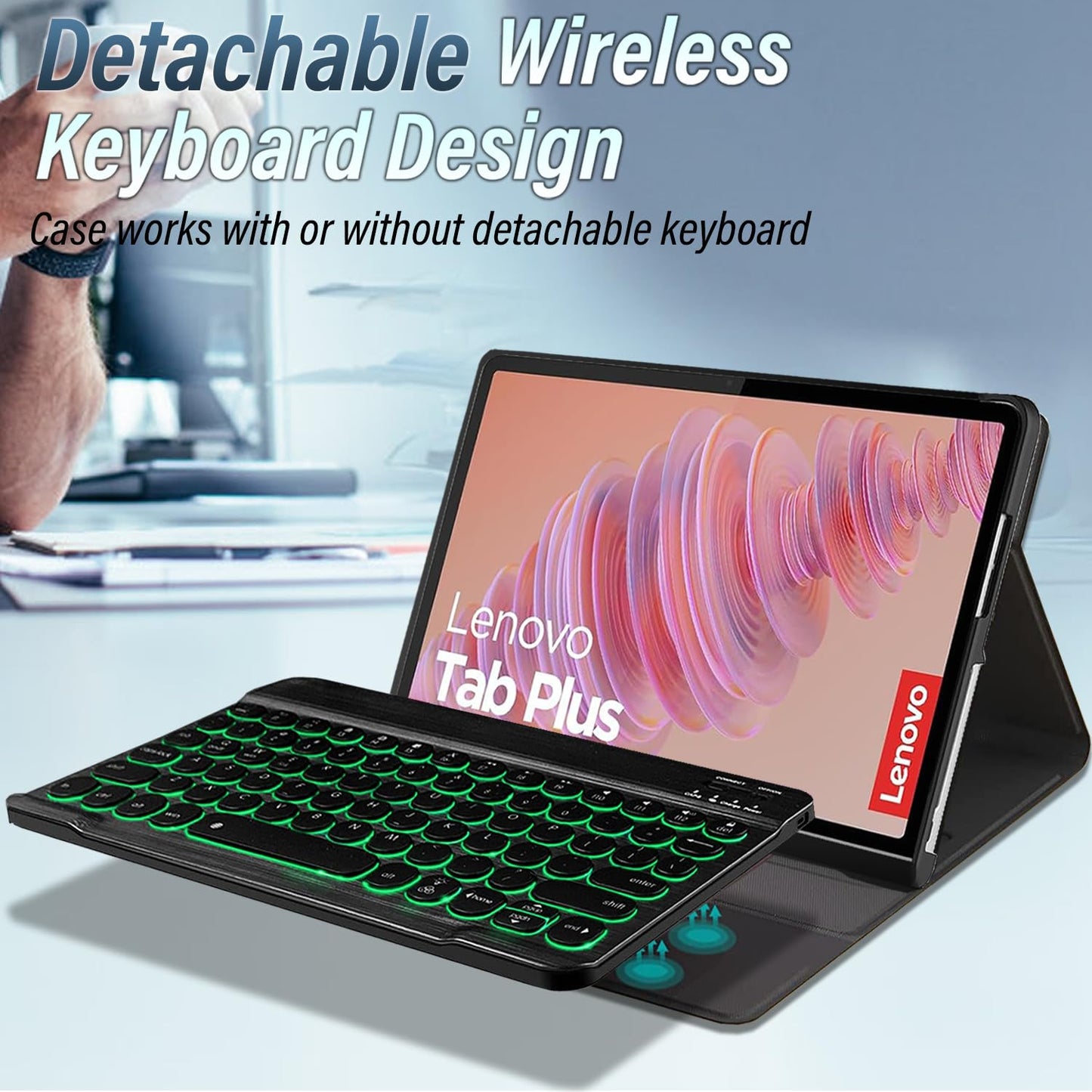 Backlit Keyboard Case for Lenovo Tab Plus 11.5 Inch 2024 with Screen Protector, 7 Colors Light Detachable Wireless Keyboard & PU Folio Cover Case for 11.5” Lenovo Tab Plus 2024