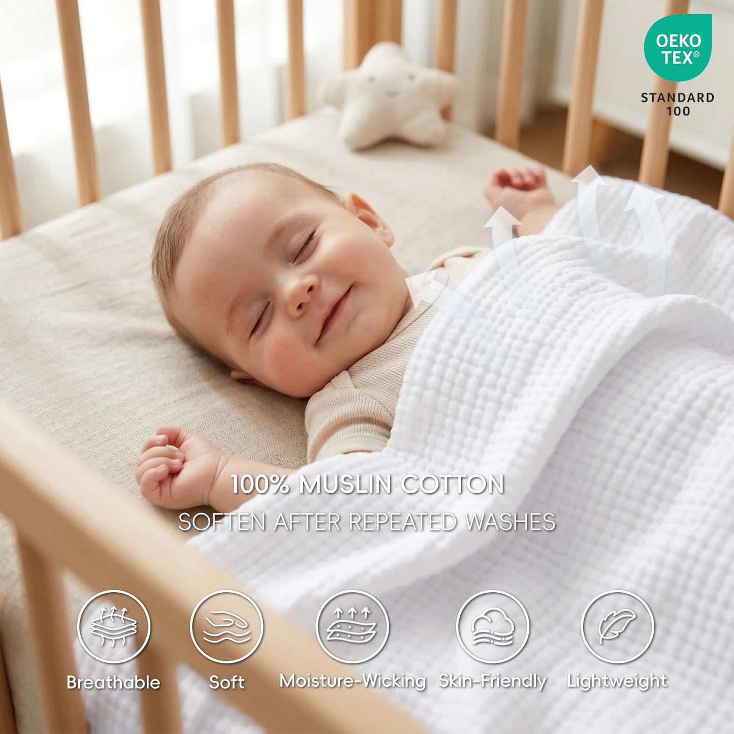 David's Home 100% Cotton Muslin Queen Size Blanket, 4-Layer Breathable and Lightweight Gauze Blanket for Bed Couch, Soft Muslin Blanket for Adults Hot Sleepers, Room Decor, White, 90 * 90"