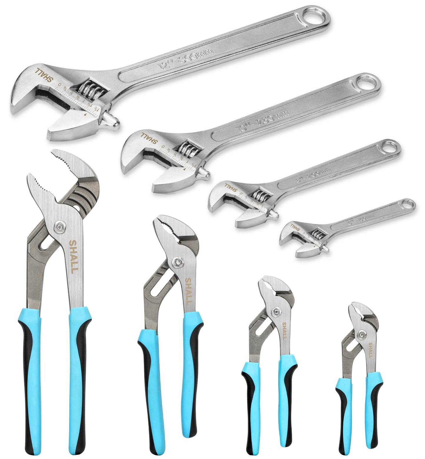 SHALL 8-Piece Adjustable Wrench & Water Pump Pliers Set, 12/10/8/6 Inch, 4Pcs Adjustable Tongue and Groove Joint Pliers and 4Pcs Wide Jaw Forged Steel Wrench for Plumbing, Gripping, Auto Home Repair