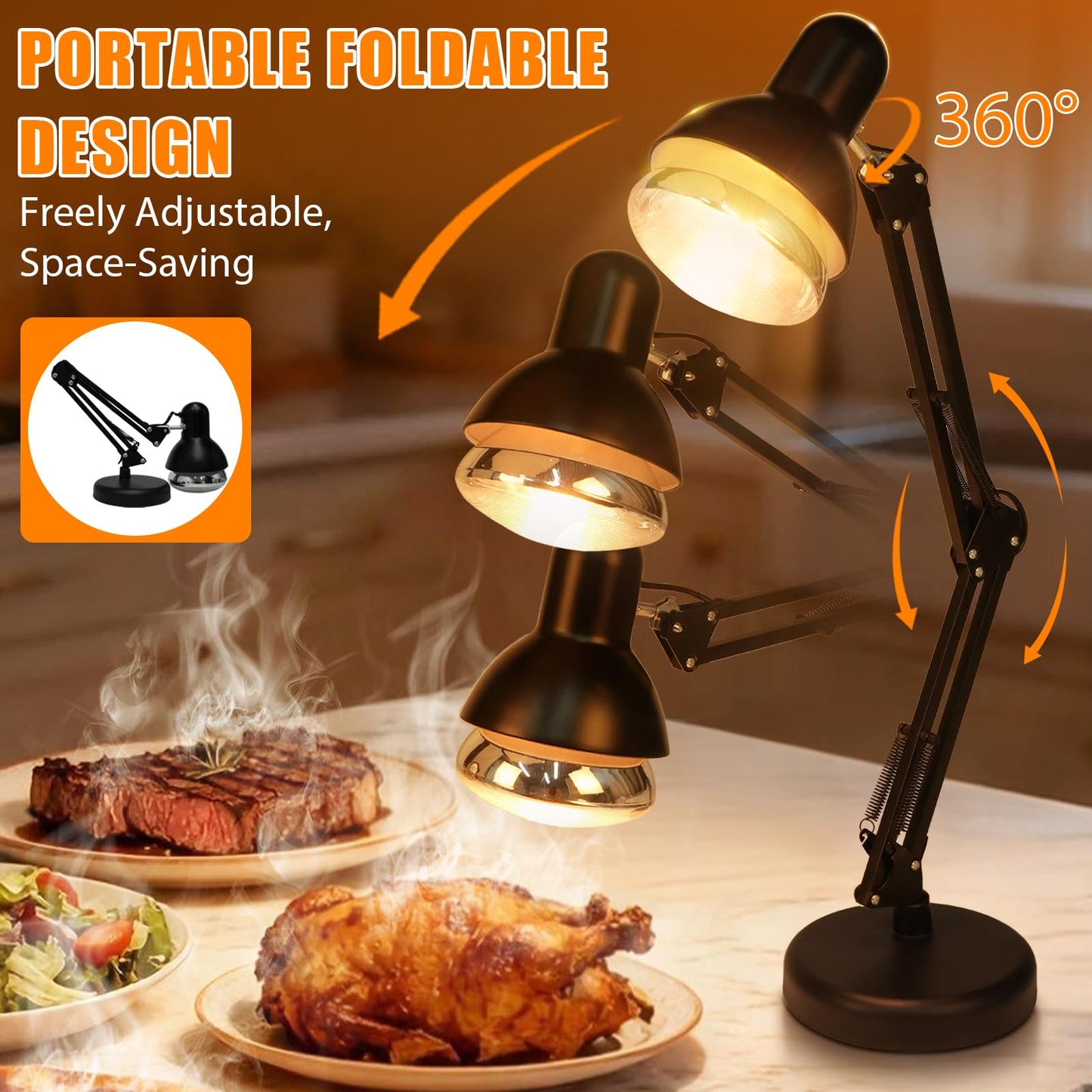 Portable Food Heat Lamp -【Foldable Design】【Quickly & Stable Heating】 Food Warmer Light, Commercial Heat Lamp for Food, Catering Warming Lamp for Parties, Buffet, Pizza, Chicken, Chocolate (Black)