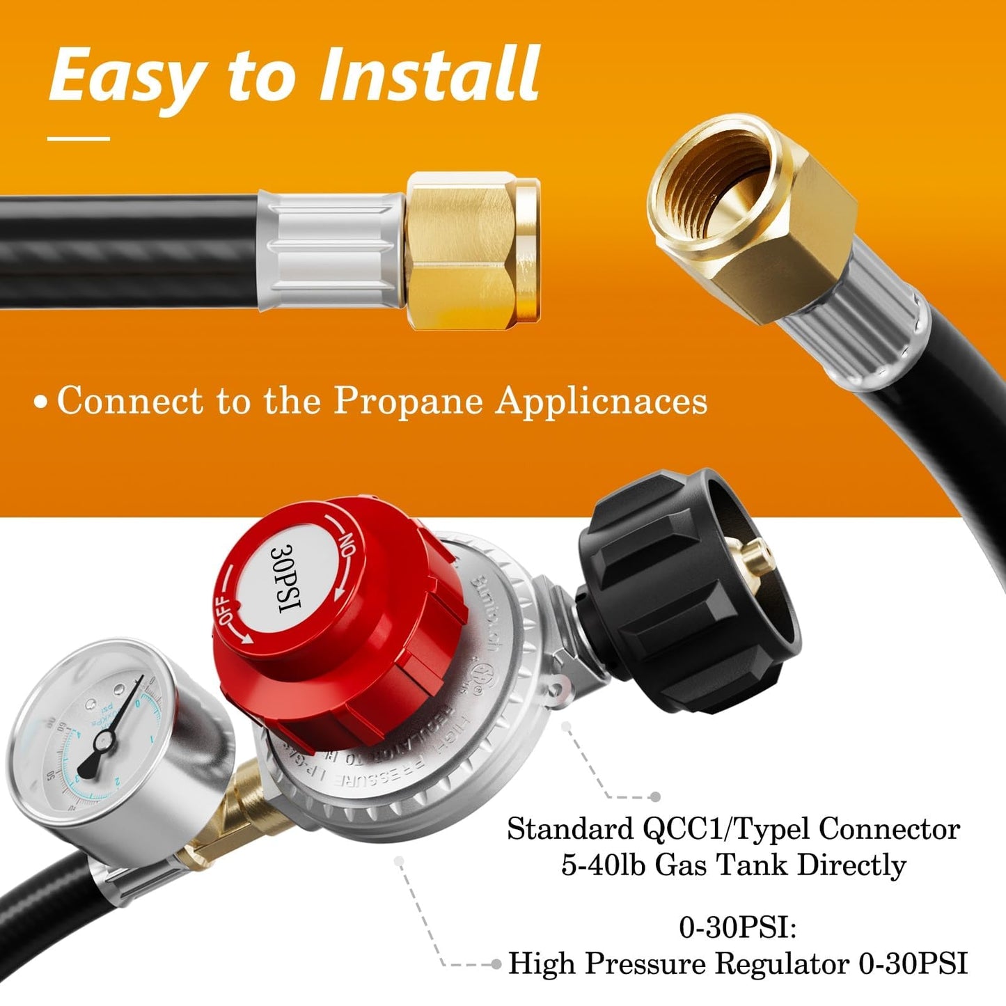 NUPICK 12FT 30 PSI Adjustable High Pressure Propane Regulator with 60PSI Gauge Gas Flow Indicator，Propane Regulator with Hose for LP Gas Cooker, Burner, Turkey Fryer, Smoker