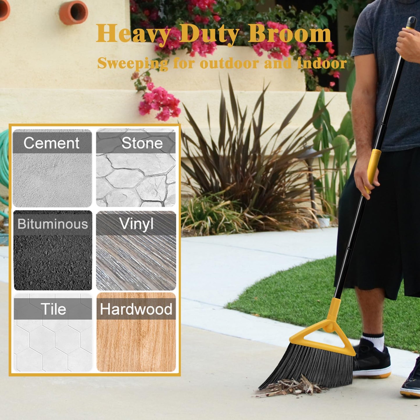 PUTNATRUE Heavy Duty Commercial Broom, Upgraded Angle Broom for Sweeping Indoor and Outdoor, Perfect Yellow Broom of Kitchen, Garage and Courtyard, Livingroom