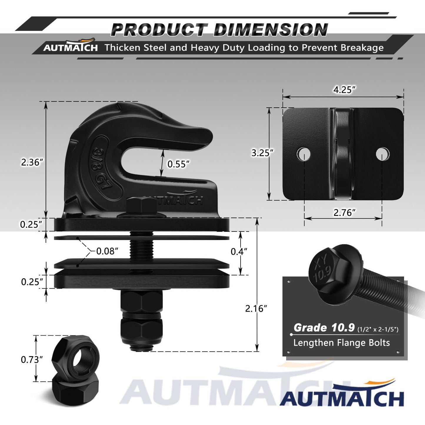 AUTMATCH Tractor Bucket Grab Hook 3/8" - Grade 70 Forged Steel Bolt On Grab Hook (2 Pack) - Max 18,000Lbs Tow Hook Mount with Backer Plate & Rubber Pads, Work for Tractor Bucket, Truck, RV, UTV, Black