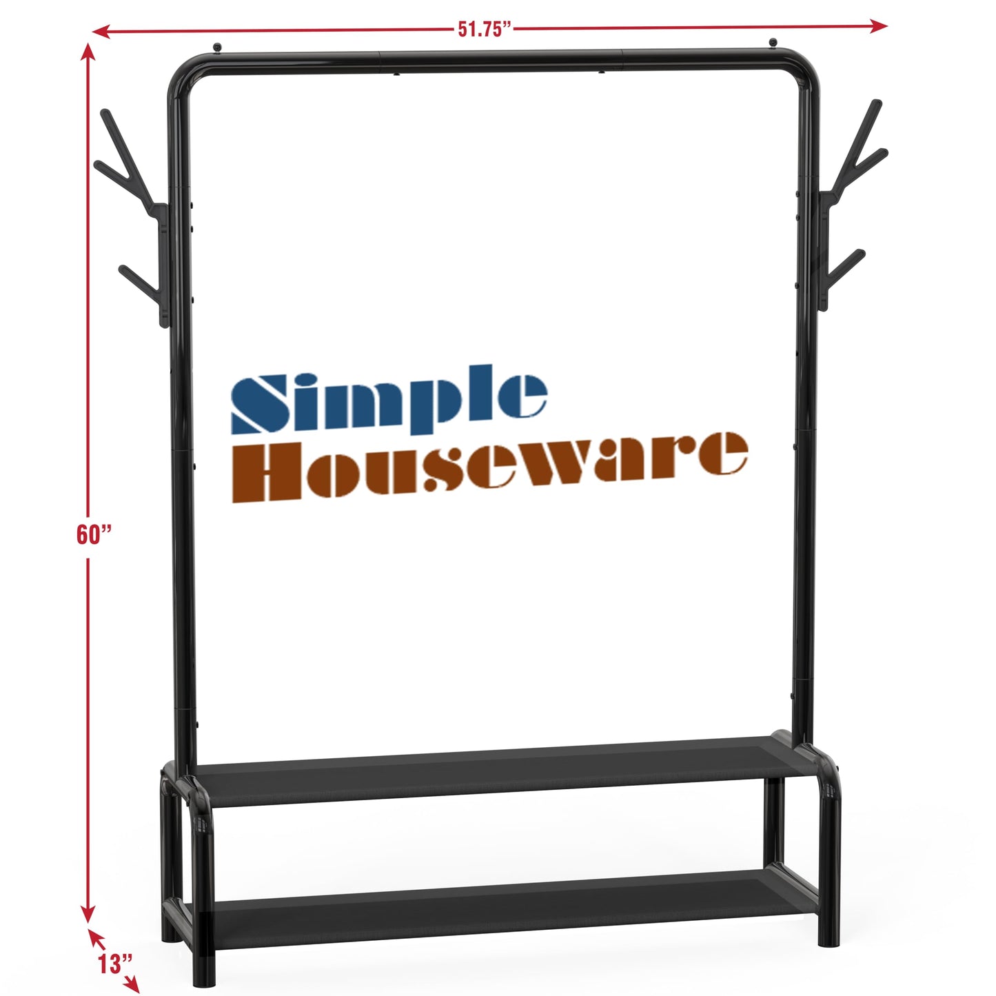 Simple Houseware 52-Inch Garment Rack with Storage Shelves and Coat/Hat Hanging Hooks, Black
