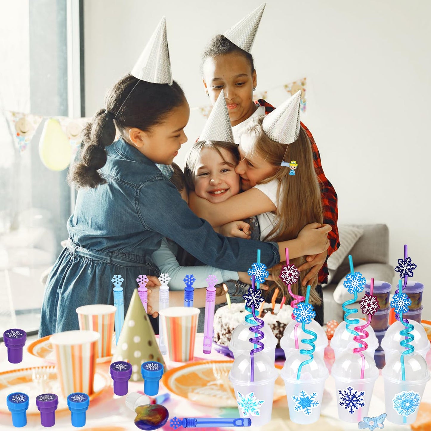 170PCS Birthday Party Favors for Girls, Snowflake Princess Theme Party Supplies - Includes Party Cups with Straws, Hairpins, Pendants, Bracelets, Stickers, Snowflake Toys, Goodie Bags