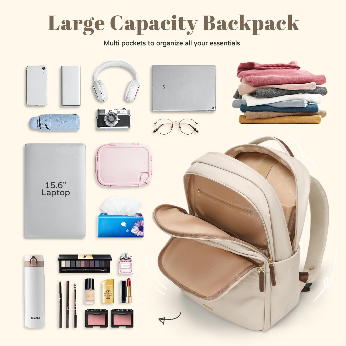 Multifunctional Laptop Backpack for Work Travel Leisure Water-Resistant Multiple Compartments Business Backpack for Women Fits 15.6 Inch Notebook (Apricot)