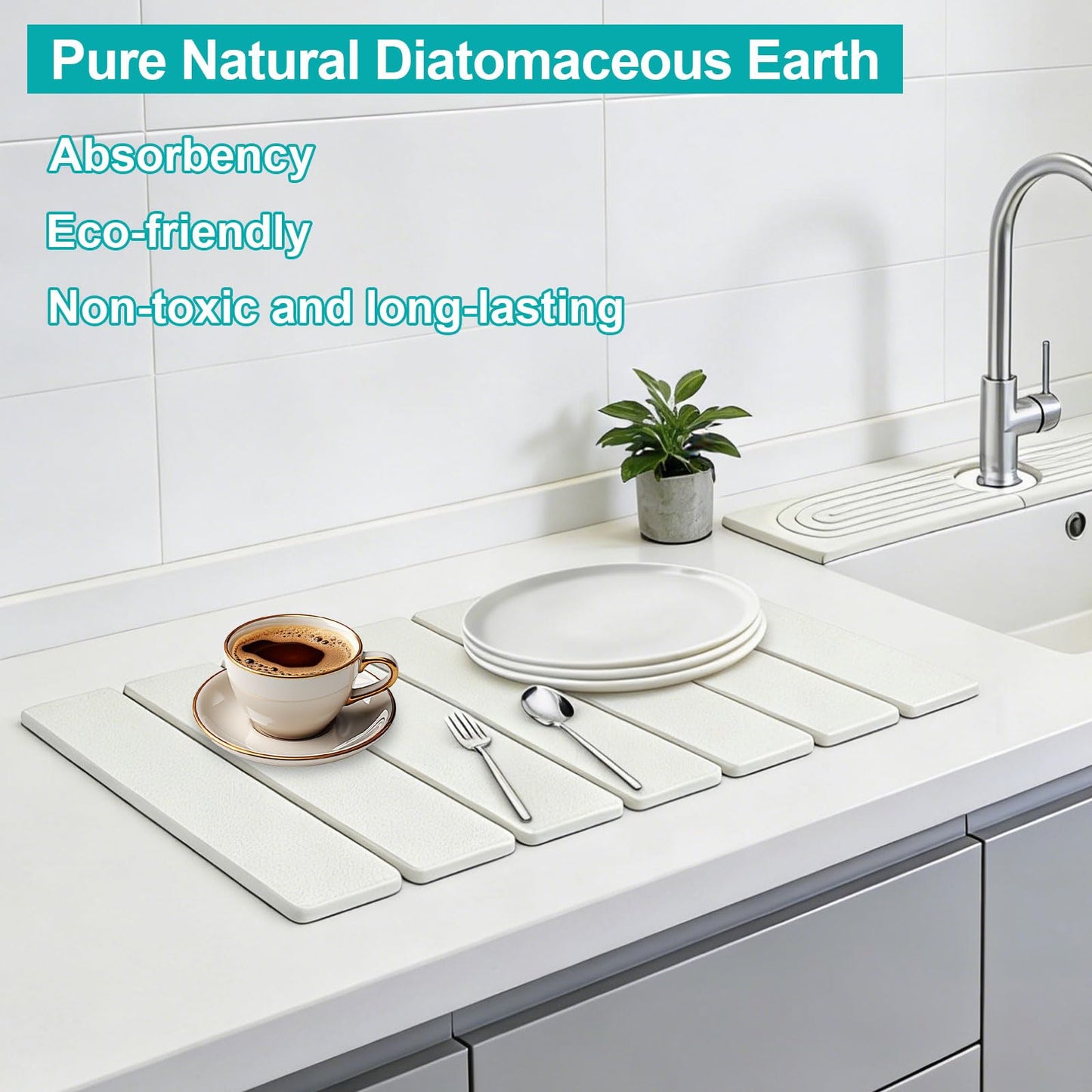 Stone Drying Mat Kitchen 2Pcs Set, Foldable Faucet Mat & Countertop Absorbent Pad Diatomaceous Earth Dish Drying Mat Suitable for Kitchens, Bathrooms & Vanities