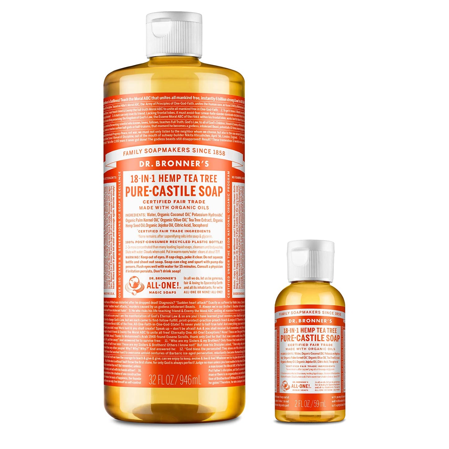 Dr. Bronner’s Pure-Castile Liquid Soap – Tea Tree Bundle. 946 mL Bottle and 59 mL Travel Bottle