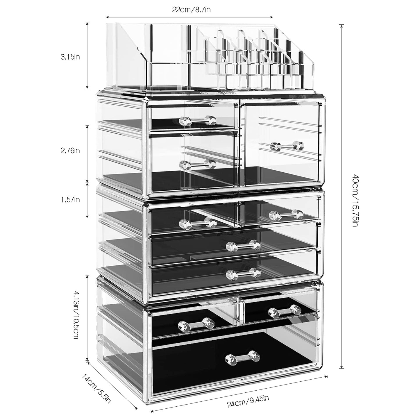 DILIBRA Acrylic Makeup Organizer, Stackable Clear Cosmetic Display Case with 10 Drawers, Large Skin Care Storage Organizer Display Box for Jewelry Hair Accessories Vanity Bathroom Counter Dresser