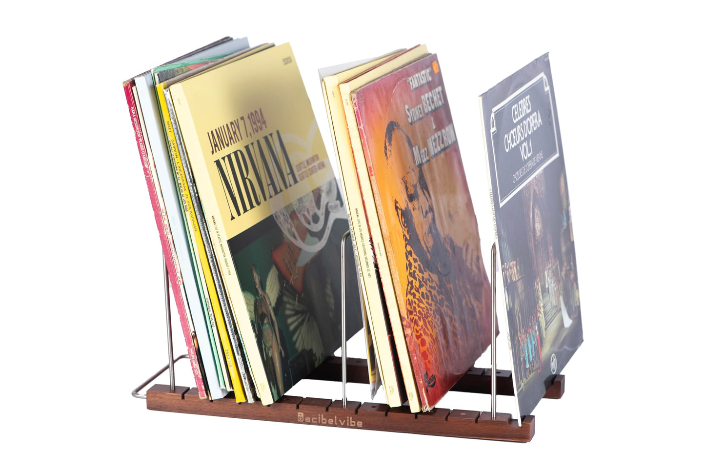 Decibelvibe Vinyl Record Storage and Now Playing Display with Stainless Steel and Solid Walnut Wood Premium Design, Up to 75 Vinyl records, for Living Room or Hifi Room