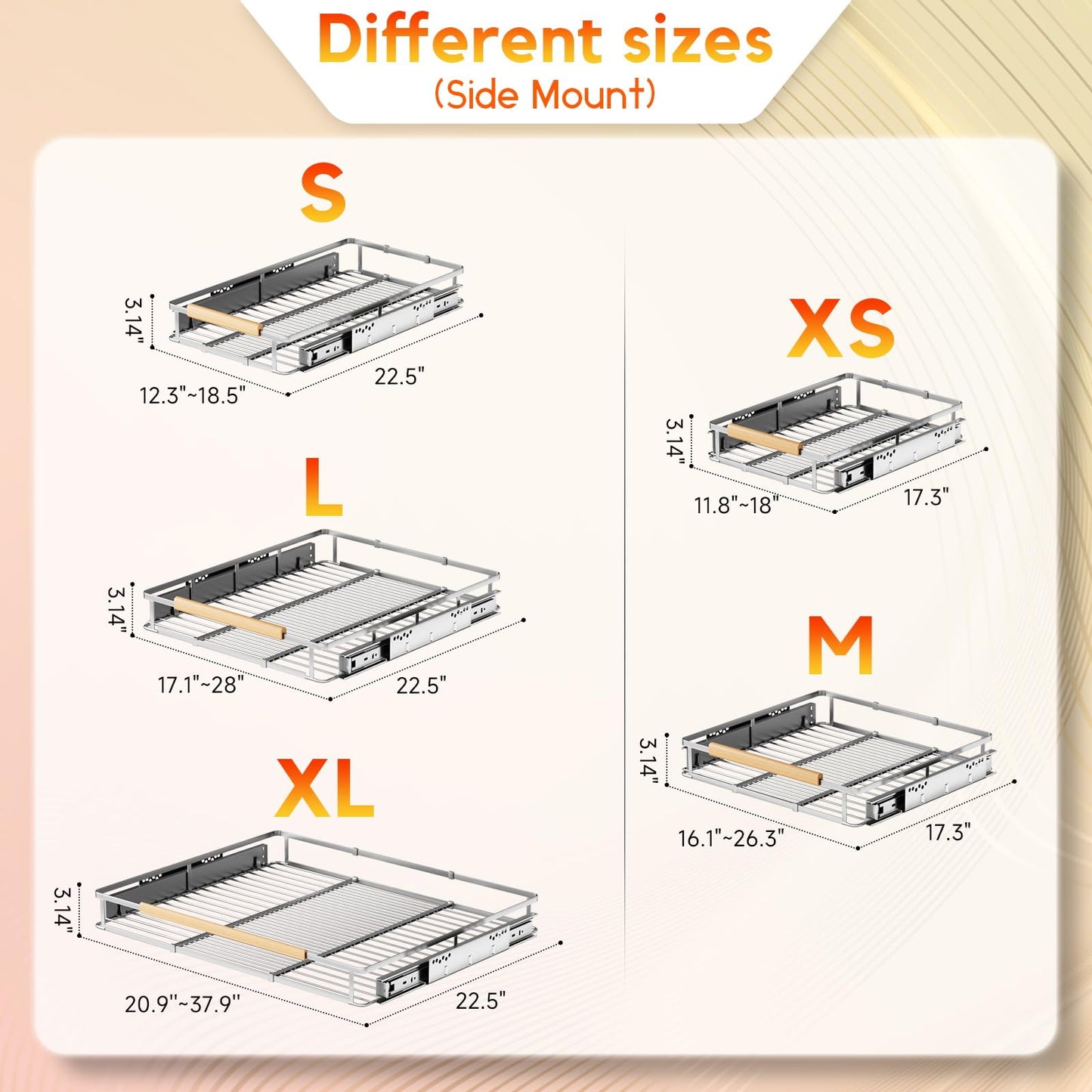 taiheis Side Mount Pull Out Cabinet Organizer，Expandable Pull Out Drawers for Kitchen Cabinets，（12.3~18.5'' W x 22.5''）1Pcs Slide Out Drawers