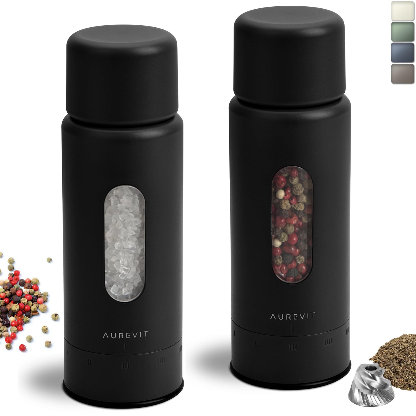 Aurevit Salt and Pepper Grinder Set Manual, Salt and Pepper Mill with Ceramic/Stainless Steel Core, External Adjustable Coarseness, Refillable, Durable (2 Packs, Black)
