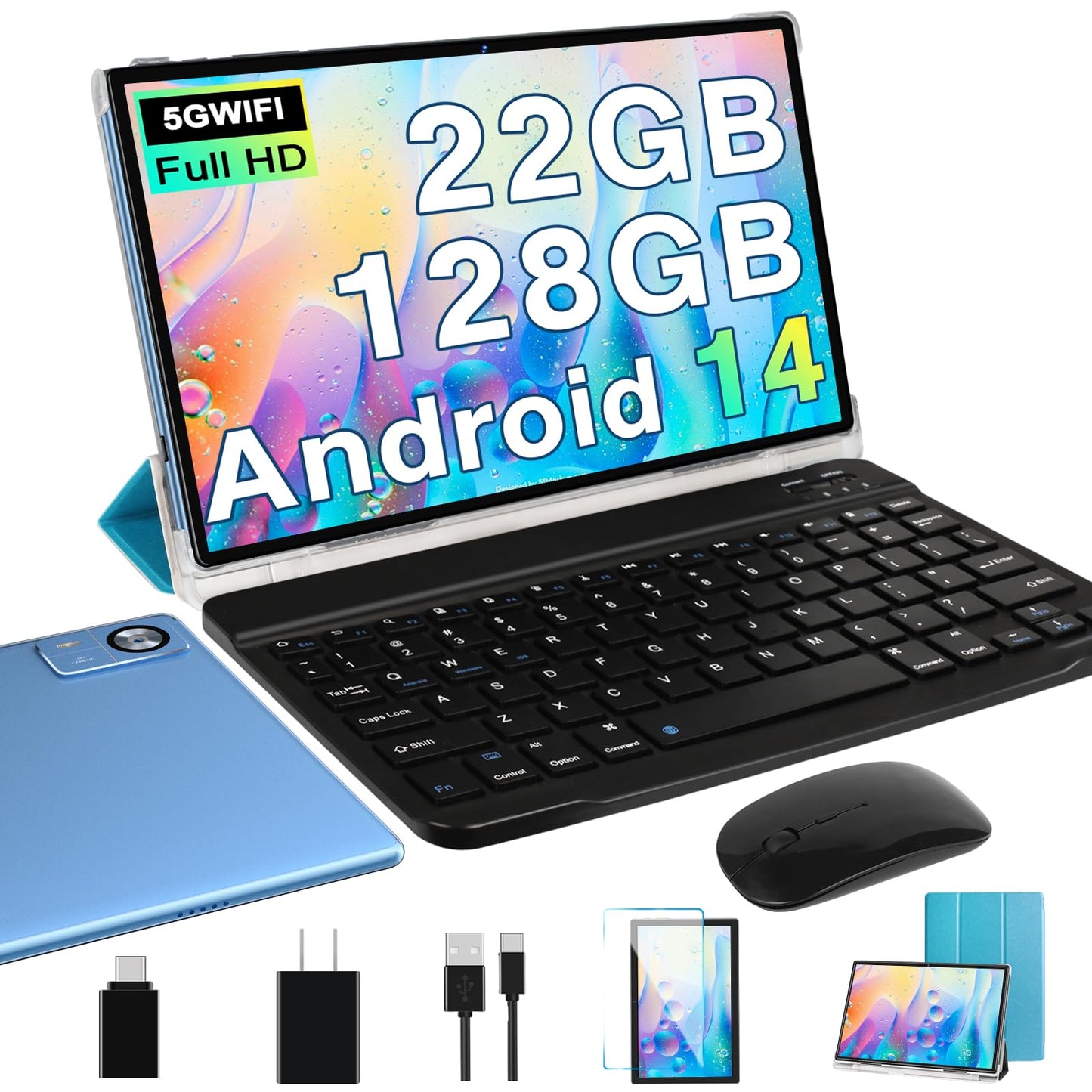 Android 14 Tablet 10.1 inch 22GB RAM 128GB ROM 1TB Expand, 8000mAh Tablets with Keyboard Mouse, Octa-Core, HD Touchscreen, 5G Wi-Fi, BT 5.0, GPS, Widevine L1, Split Screen, Face Unlock - Blue