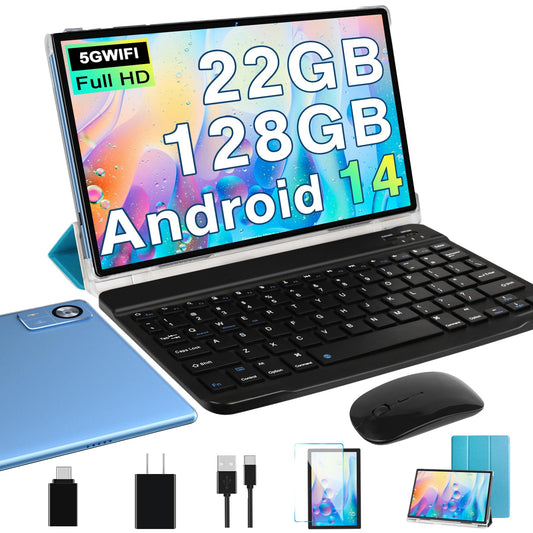 Android 14 Tablet 10.1 inch 22GB RAM 128GB ROM 1TB Expand, 8000mAh Tablets with Keyboard Mouse, Octa-Core, HD Touchscreen, 5G Wi-Fi, BT 5.0, GPS, Widevine L1, Split Screen, Face Unlock - Blue