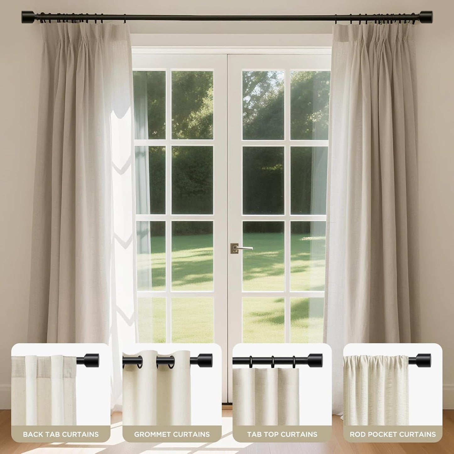 Joydeco Black Curtain Rods for Windows 32 to 120 Inch, 1 Inch Heavy Duty Adjustable Drapery Rod with Brackets for Outdoor Patio, Living Room, Bedroom, Kitchen