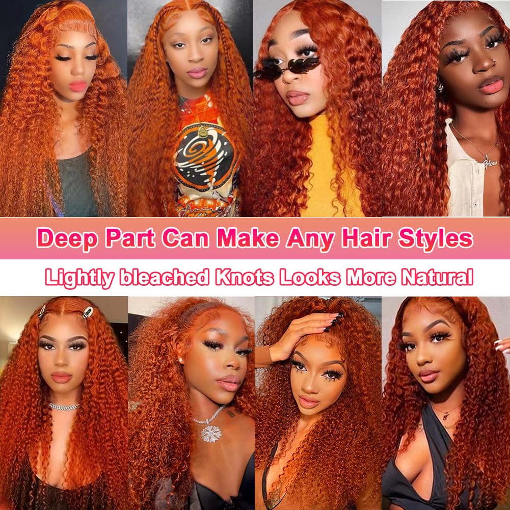ALSZIQIHR Ginger Orange Water Wave Front Wig Human Hair Color 13x4 HD Transparent Lace Front Human Hair Wig for Black Women 180% Density R