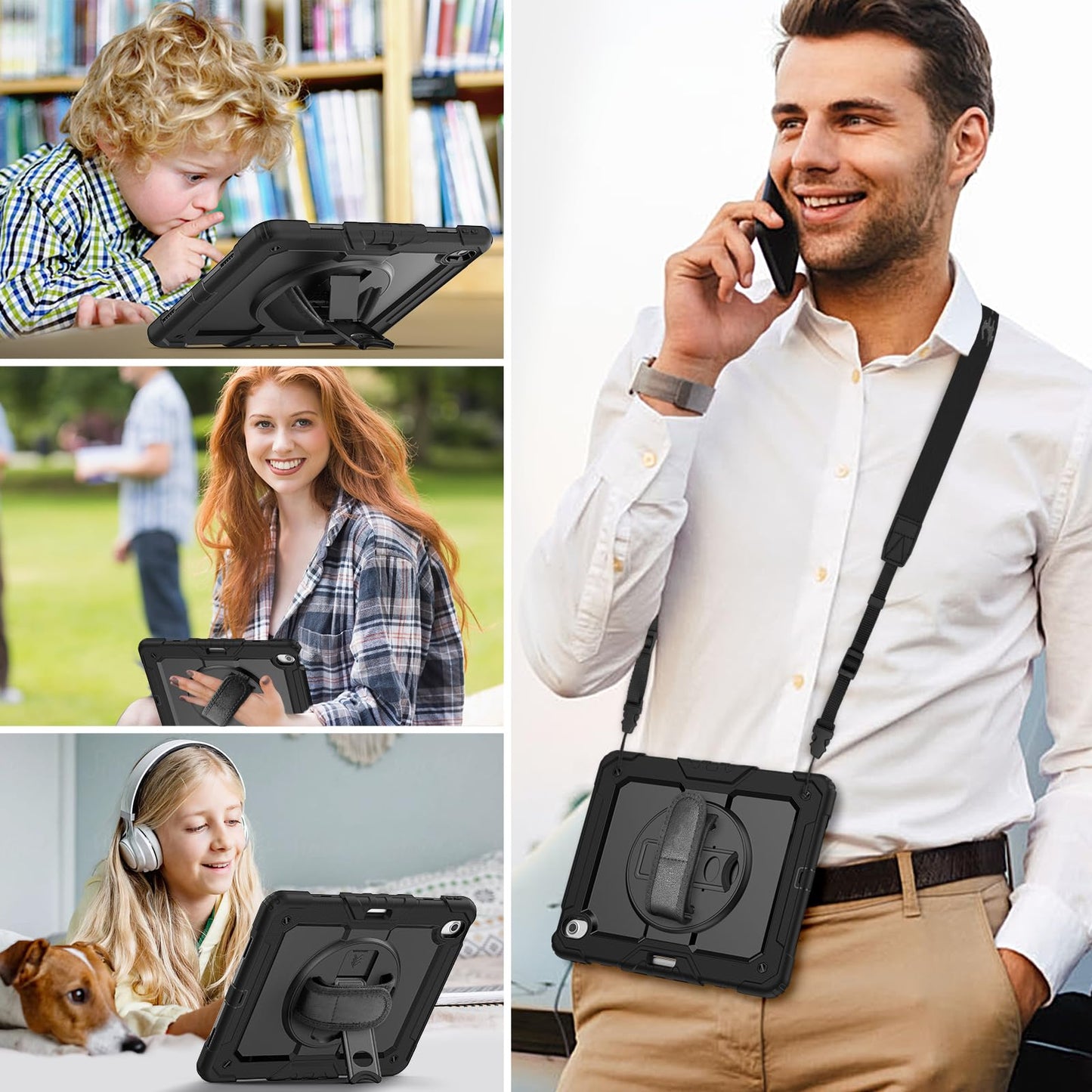 HXCASEAC Shockproof Case for iPad Air 13 inch 2025/2024, with Screen Protector/ 360° Rotating Hand Strap Stand/Carrying Strap, Heavy Duty Protective Cover for iPad Air 13 M3/M2, Black