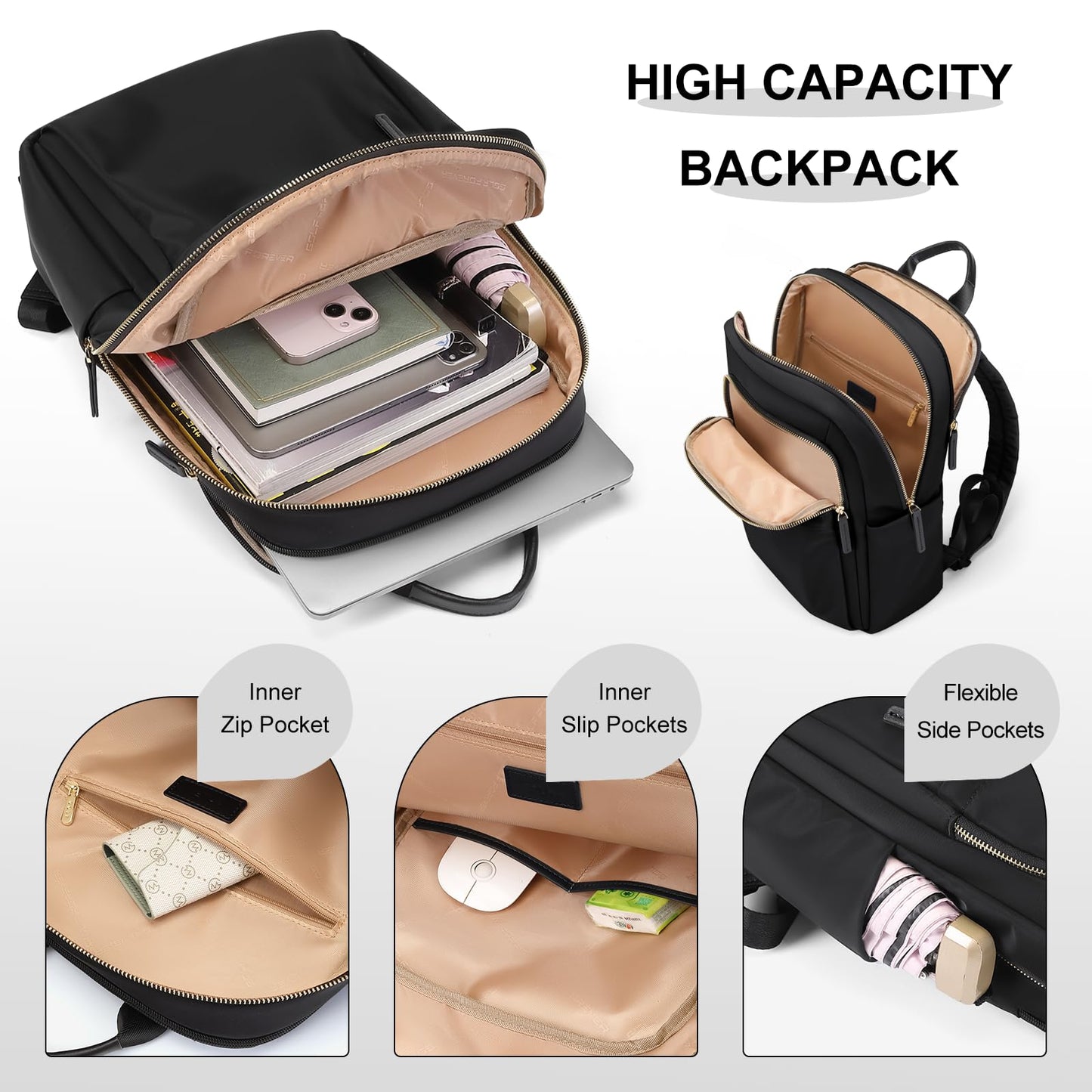 GOLF QUALITY Laptop Backpack for Women Travel Work Commute Casual Daypack Backpack Purse Computer Bags Fit 16Inch Notebook, Black