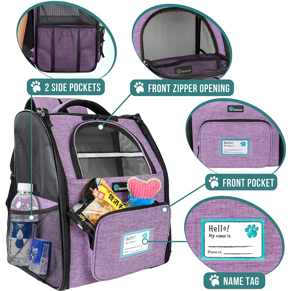 PetAmi Dog Backpack Carrier for Small Large Cat, Puppy - Ventilated Hiking Travel Bag, Airline Approved, Camping Biking Up to 18lbs - Purple
