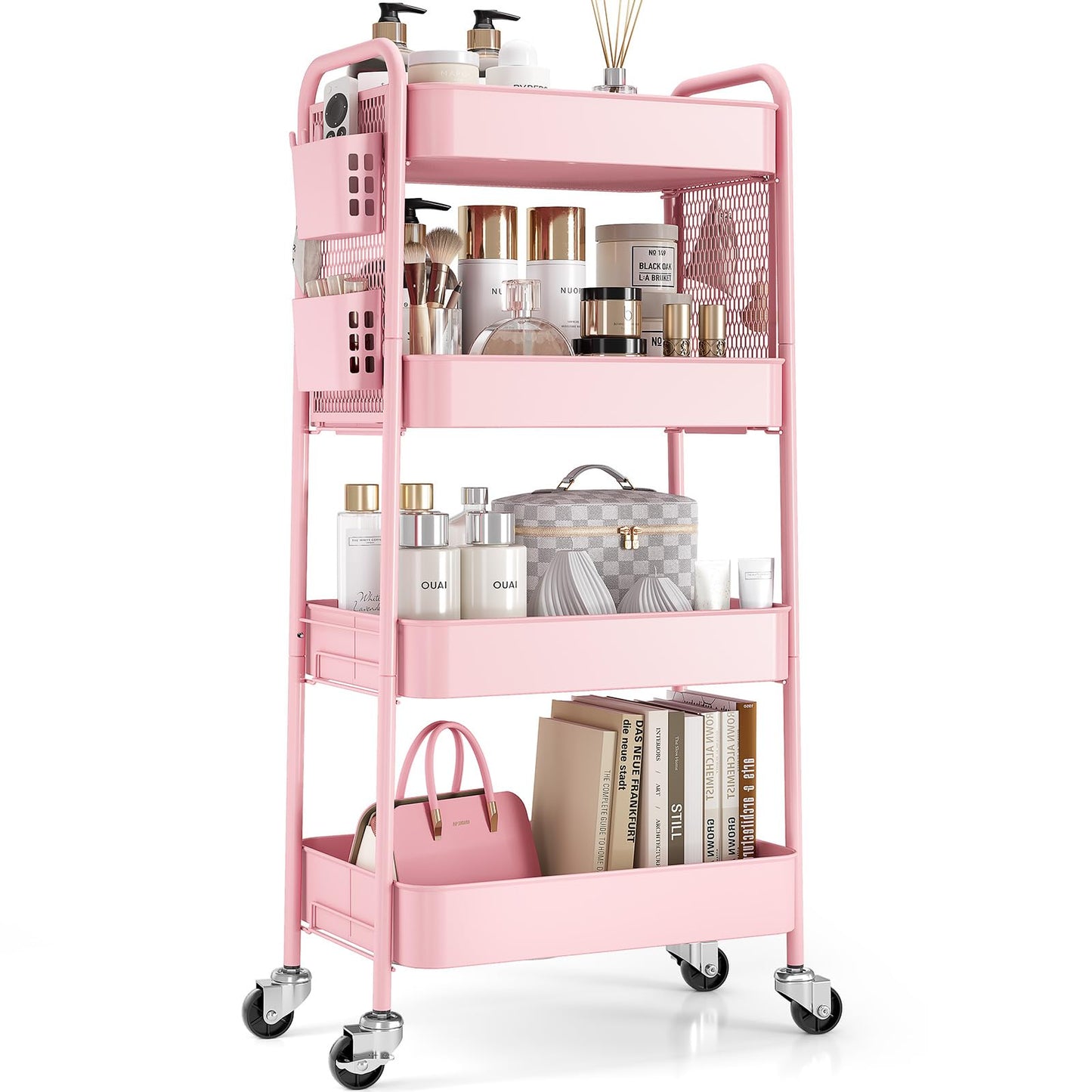 TOOLF 4 Tier Rolling Cart with Pegboard, Metal Storage Organizer Cart with Wheels, Hooks & Bins Esthetician Craft Art Sturdy Storage for Bathroom, Kitchen, Office, Nursery Diaper
