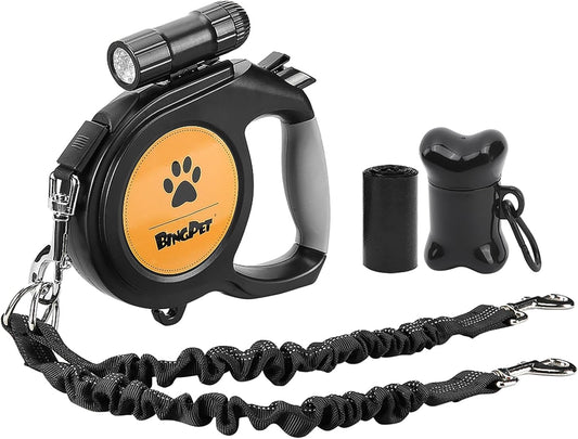 BINGPET Dual Retractable Dog Leash for Dogs Walking,26ft Heavy Duty Double Dog Leash for Two Dogs with LED Flashlight,Poop Bags,Reflective Elastic Rope,360° Tangle-Free,Up to 110 lbs / 50 kg
