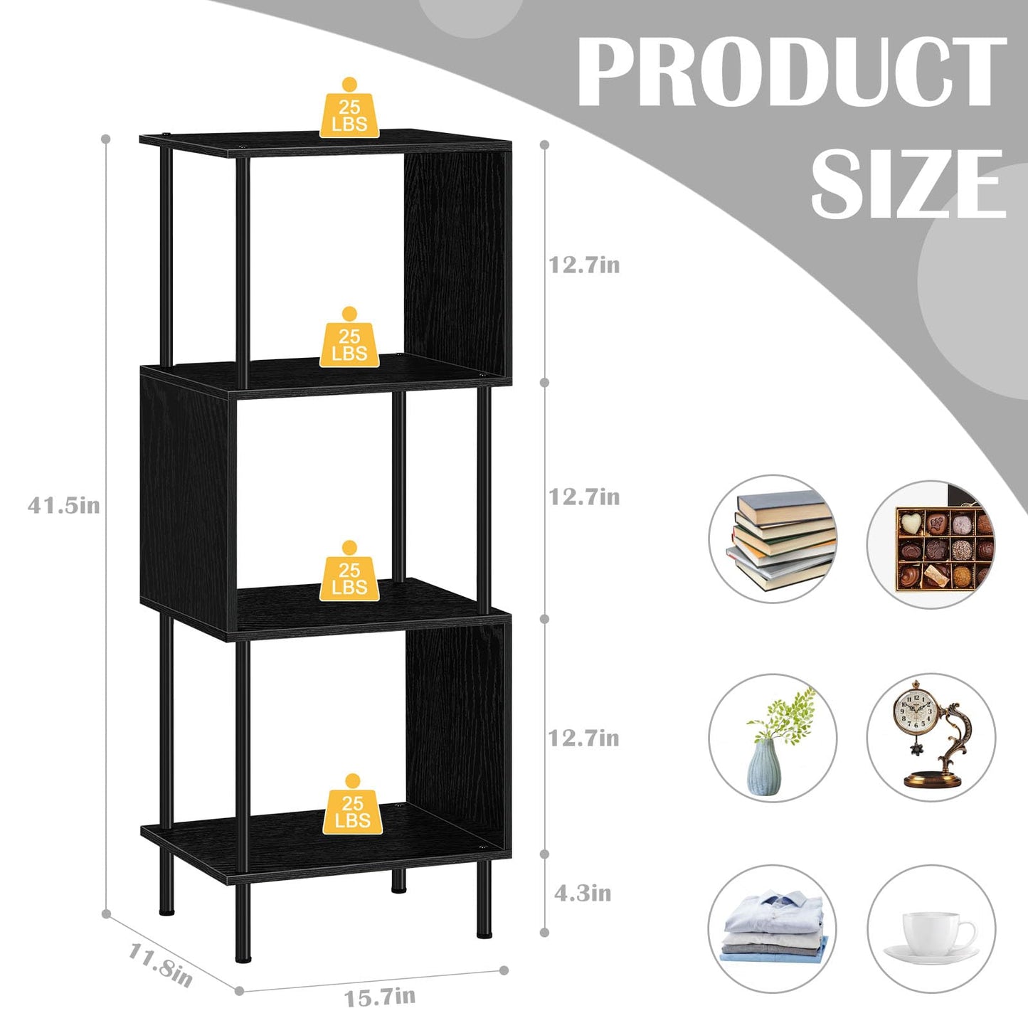 4 Tier Bookshelf for Small Spaces Narrow Black Bookcase Organizer S-Shaped Wood Corner Bookshelves for Bedroom, Study Room, Living Room and Home Office