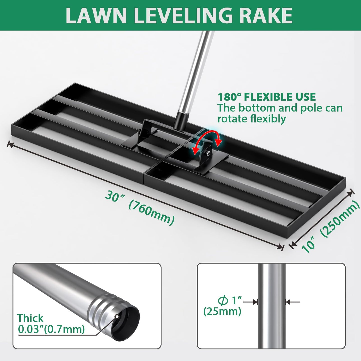 CRMCC Lawn Leveling Rake 30" x 10" with 78" Adjustable Stainless Steel Handle - Heavy Duty Wide Leveling Tool for Large Areas, Grass & Soil Leveler