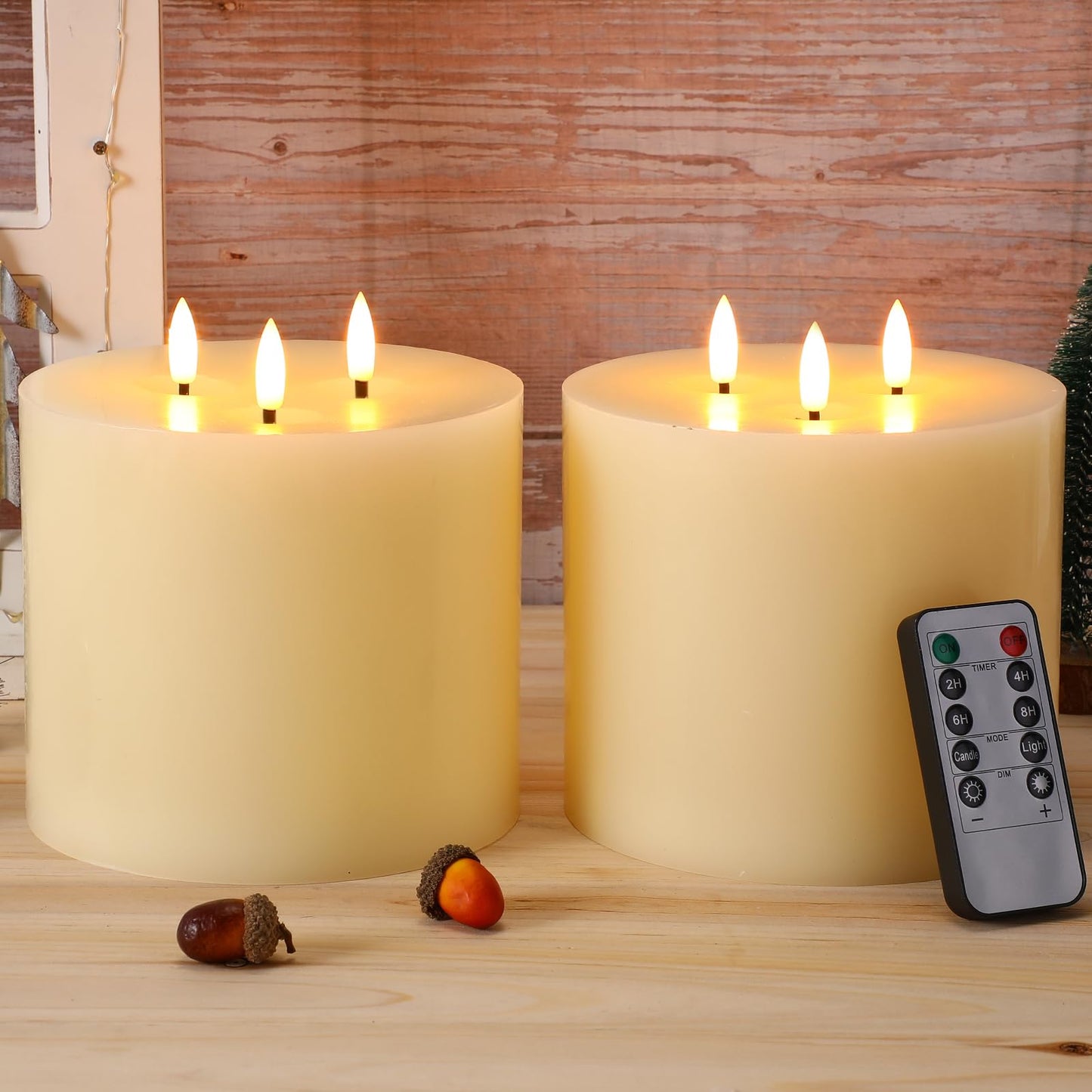 Retisee 2 Pack Extra Large Flameless Candles Battery Operated Real Wax 3 Wicks LED Pillar Candles with Remote Control and Timer for Wedding Christmas Home Party Decoration(Ivory,6 x 6 Inch)