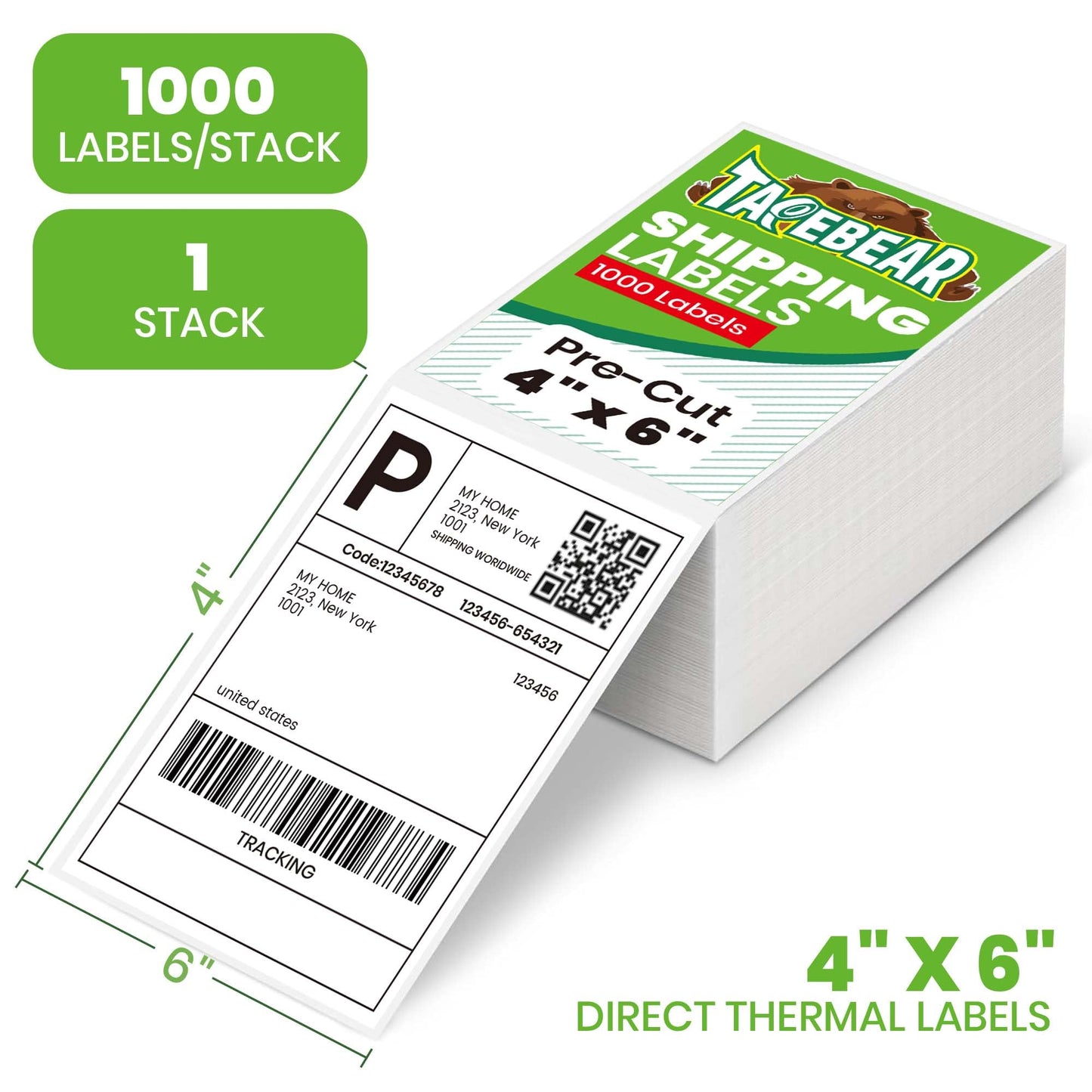 TAPEBEAR 4x6 Direct Thermal Labels Fan-Fold 1000Labels, Top-Coated, Waterproof Oilproof, Scratch Resistant, BPA/BPS-Free, Address White Blank Shipping Labels Clearly Printed for Small Business