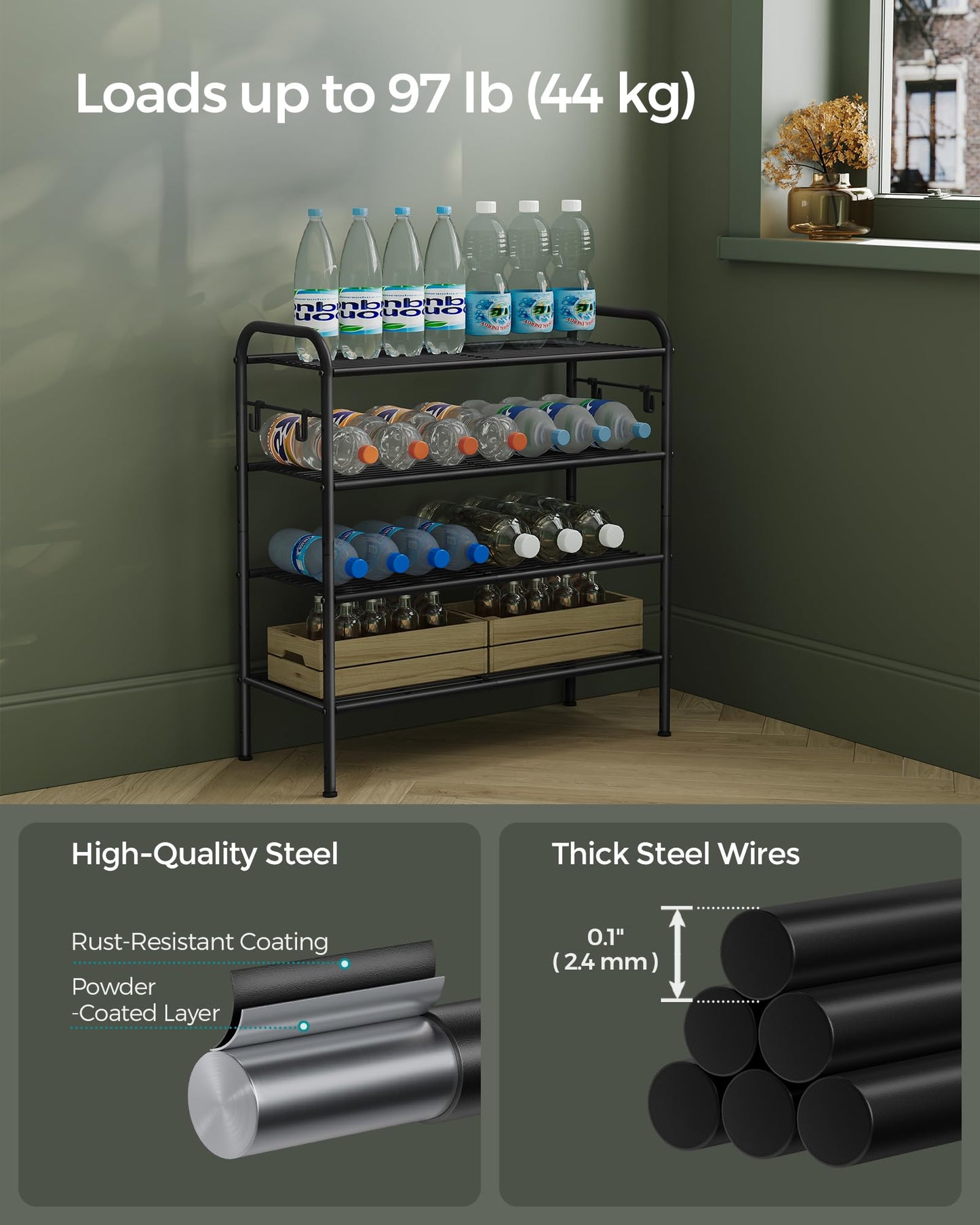 SONGMICS Shoe Rack, 4-Tier Shoe Organizer, Metal Shoe Shelf Storage with 4 Side Hooks, Holds 16 Pairs of Shoes, Height-Adjustable Shoe Rack for Entryway, Hallway, Closet, Easy Assembly, Ink Black