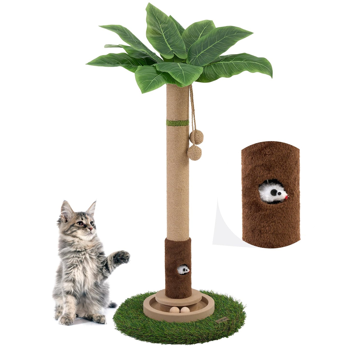 Cat Scratching Post, 35.4 Inch Tall Cat Scratching Post for Indoor Cats with Cat Toy, Mouse Hole and Interactive Wooden Ball for Kittens, Adults, Cats