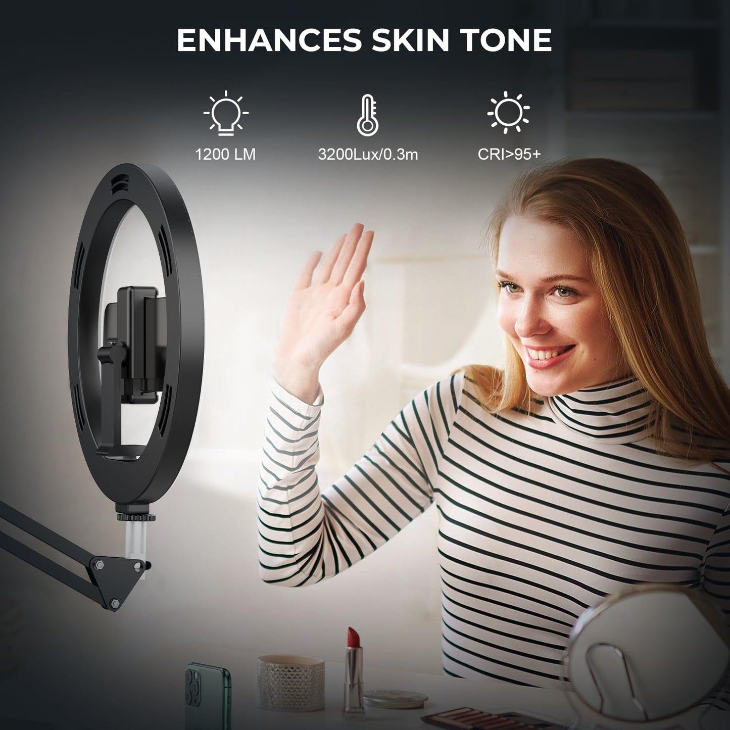 12" Ring Light with Stand and Phone Holder, Overhead Phone Mount Tripod, RingLight Adjustable 72" Height, Phone Stand for Video Recording iPhone Filming Photo Cooking TikTok YouTube, LED CRI >95