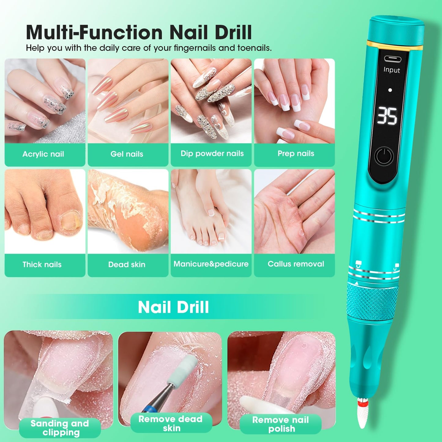 LIERKISS Nail Drill Cordless 35000RPM Rechargeable Professional Electric Nail Drill Kit Wireless Nail File Drill Acrylic Drill for Acrylic Gel Nails Manicure Pedicure Polishing Remover