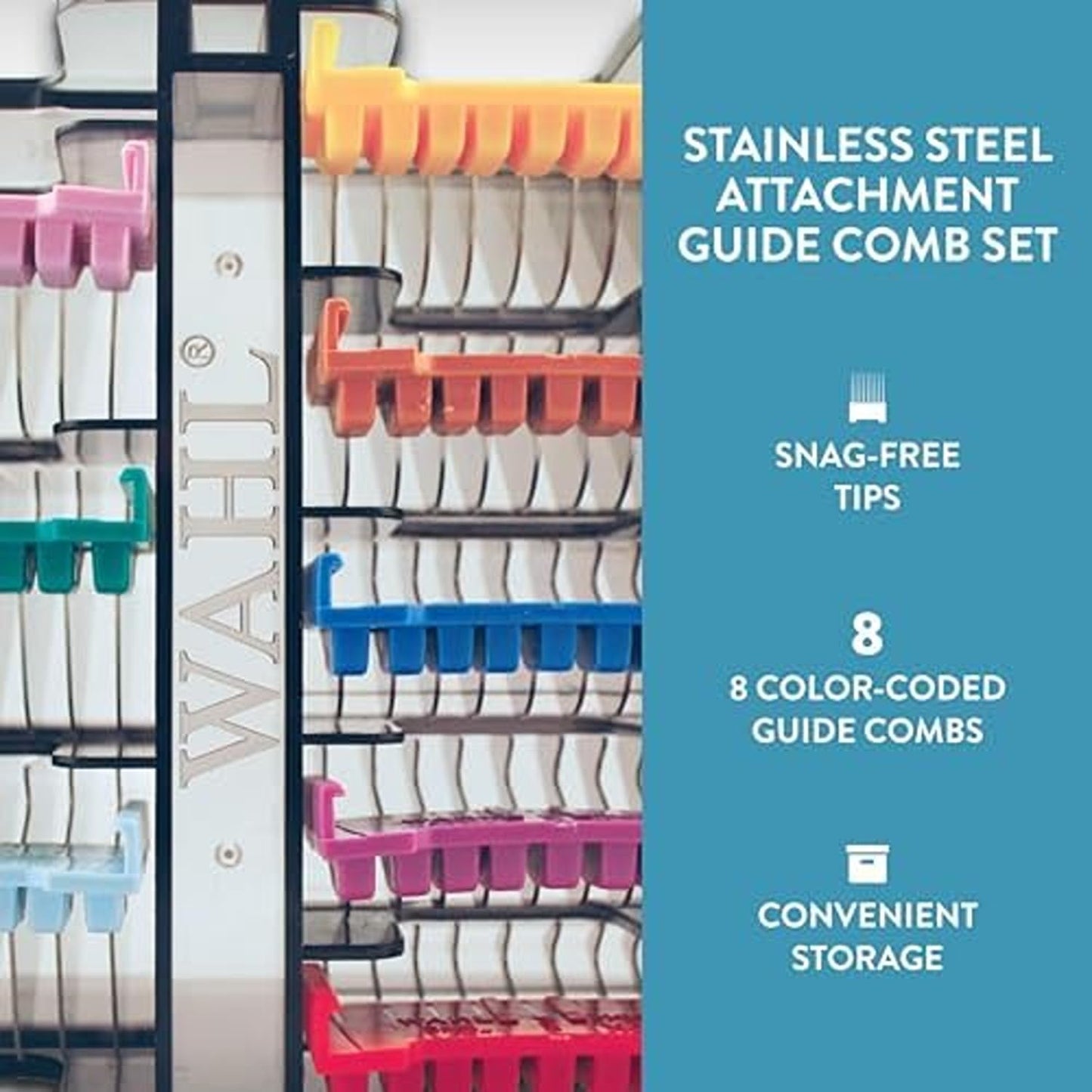 Wahl® 5-in-1 Stainless Steel Attachment Comb Set – 8 Color-Coded Guide Combs for Professional Pet Dog, Cat and Horse Grooming, Fits Wahl 5-in-1 Blades for Use with Arco, Bravura and Chromado Clippers - 3027903