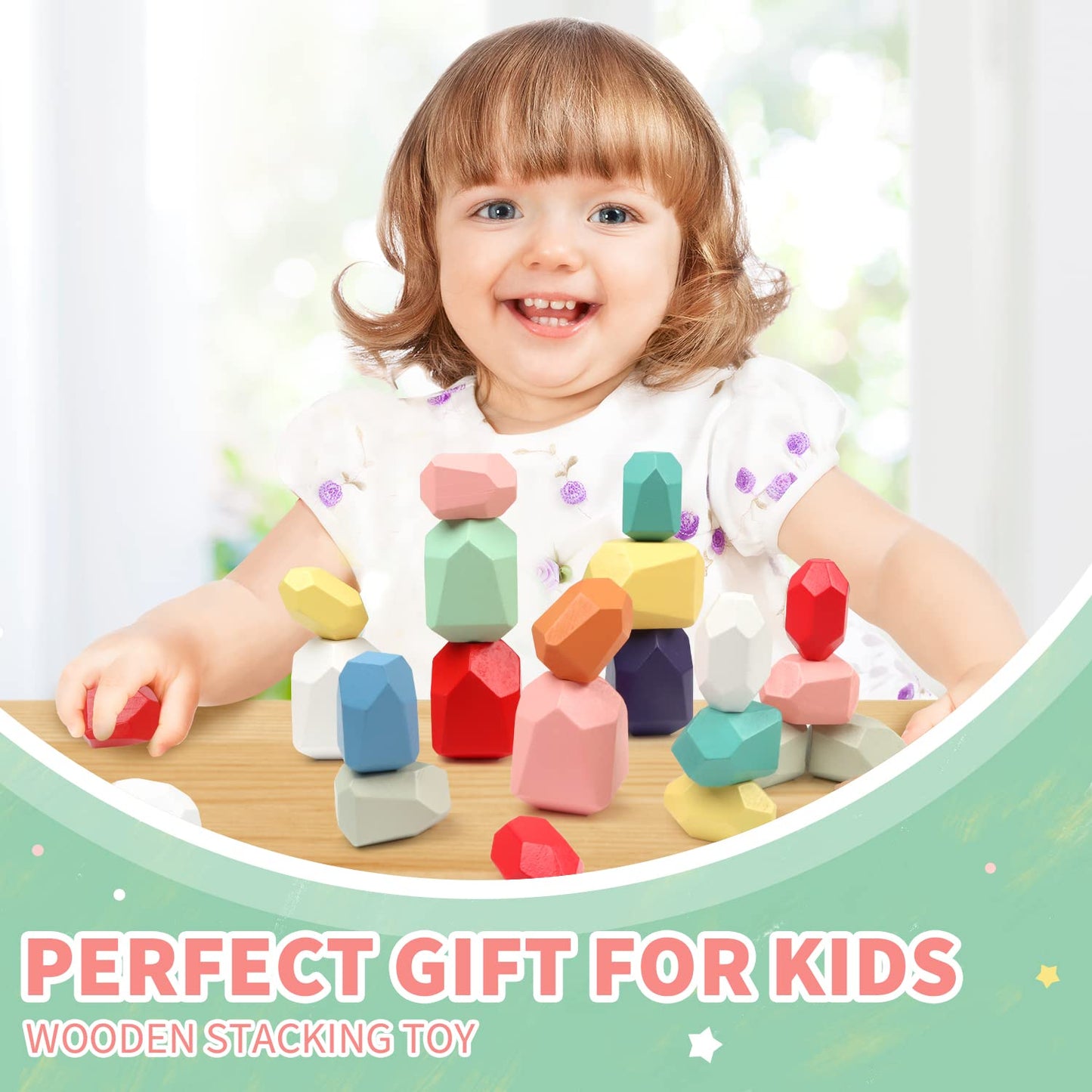 FUNNYB&G 36 PCS Stacking Rocks Montessori Toys for 3+ Year Old Girls Boys Wooden Building Blocks Balancing Stones for Kids Preschool Educational Sensory Toys for Toddlers Easter Birthday Gifts