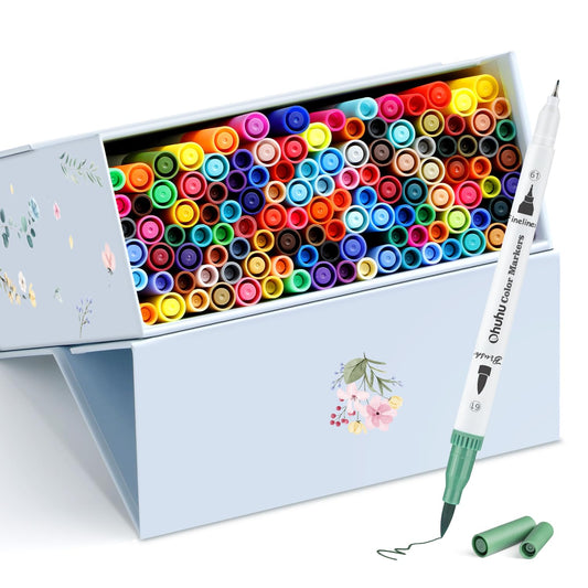 Ohuhu Markers for Adult Coloring Books No Bleeding 120 Colors Coloring Markers Water-based Dual Tips Fineliner & Brush Drawing Pens Art Markers for Kids Adults Sketch Journal - Maui - White