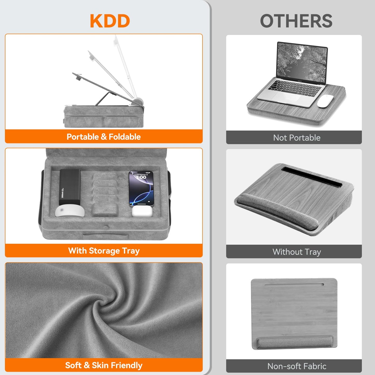 KDD Portable Laptop Lap Desk with Storage Tray - Adjustable Laptop Table for Bed Sofa - Lap Laptop Pillow Stand Table with Anti-Slip Strip & Tablet Phone Slot Holder - Lap Writing Board, Drawing Desk