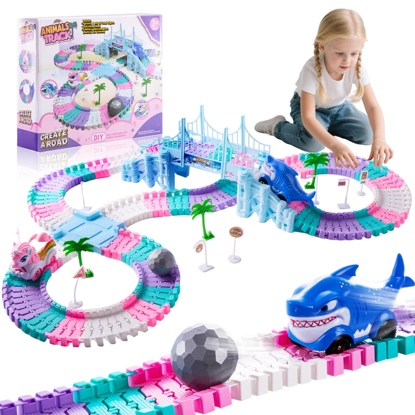 DIY Unicorn Racetrack Toy Set, 194 PCS Bendable Flexible Track with Race Cars & Ball, Creative Build STEM Racing Toys for Kids Ages 3-12, Unicorn Gifts for Girls & Boys