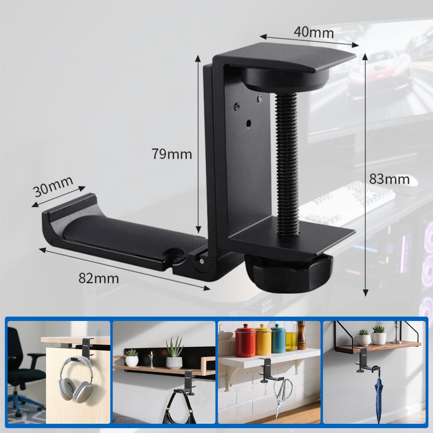 Goldmille Aluminum Headphone Stand Hanger Foldable with Cable Clip - Headset Holder Clamp Hook Under Desk, Save Your Space While Working & Gaming - 2Pack