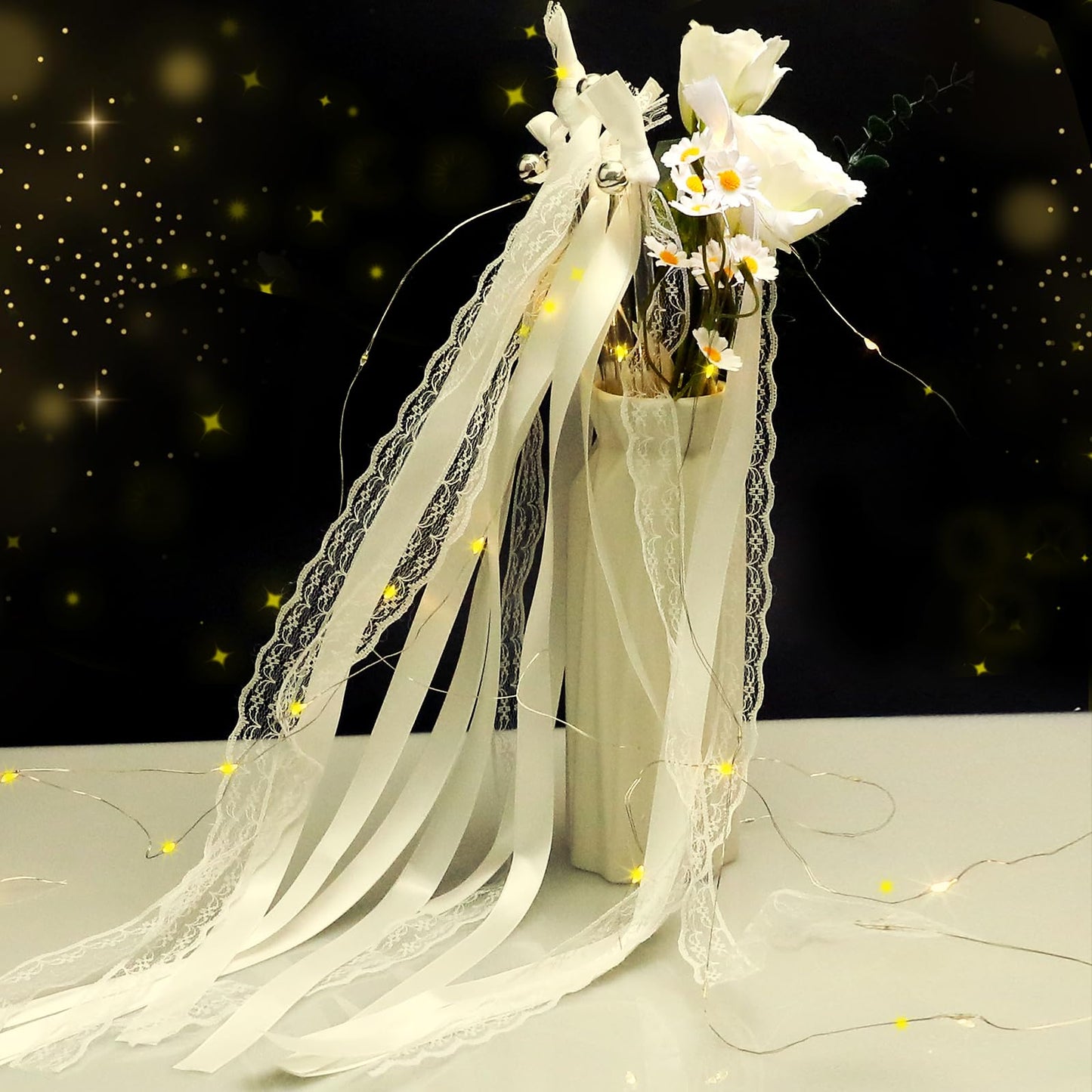 55Pcs Wedding Wands Ribbon Streamers with 3 Colorful Flashing Modes Wedding Streamers Light Up Fairy Ribbon-Wands White Glow Sticks with Bells Lighted Wedding Wands LED Light up Wands for Wedding