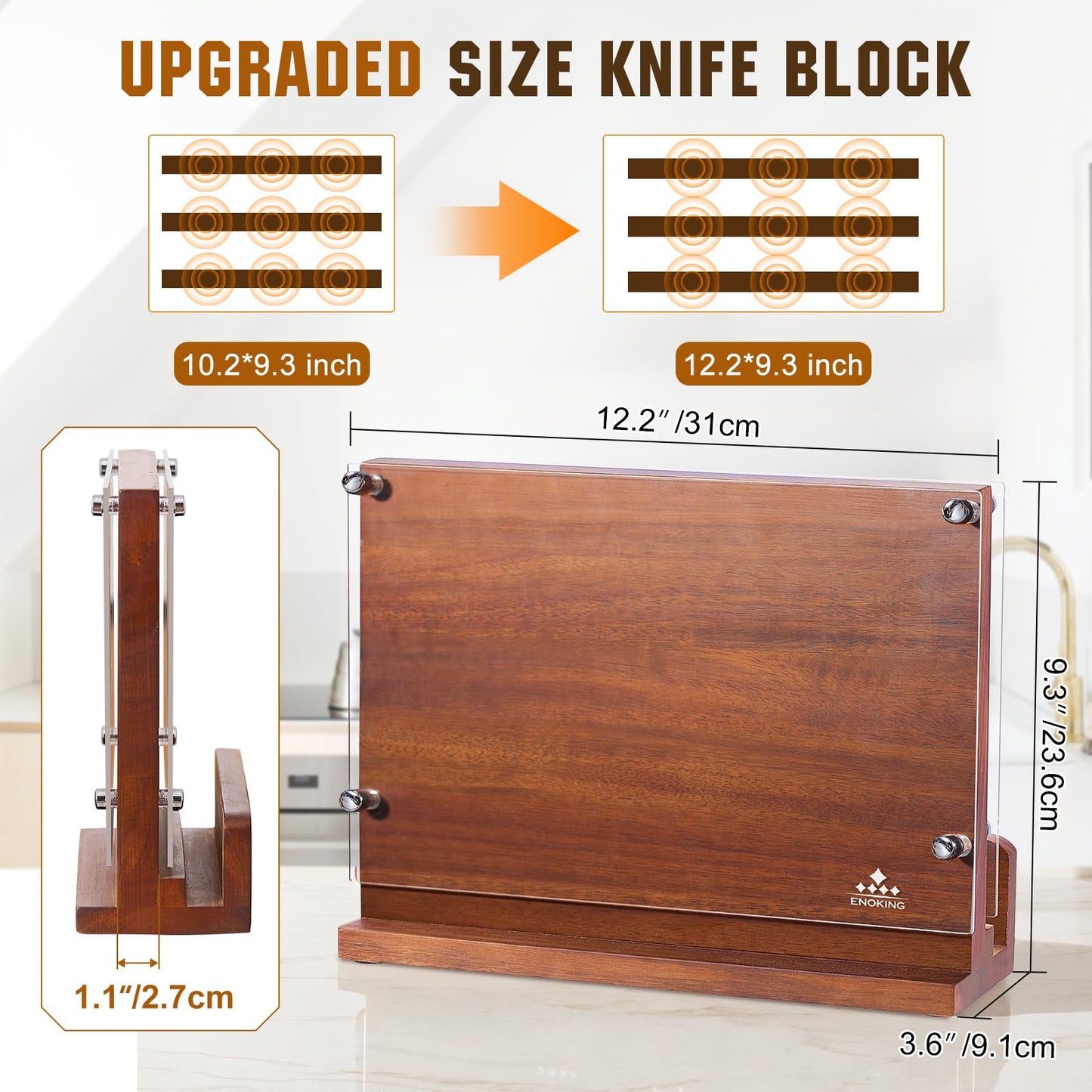 ENOKING Magnetic Knife Block with Acrylic Shield 12 x 9 Inches, Double Side Kitchen Knife Holder Without Knives- Acacia Wood Universal Knife Storage Organizer with Powerful Magnet for Kitchen Counter