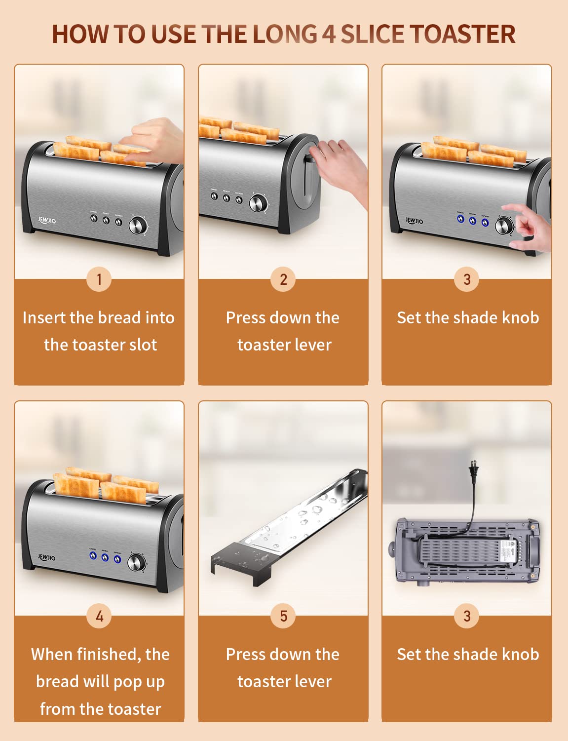 JEWJIO 4-Slice Toaster with Extra-Wide 1.25" Slots & Independent Controls | 1300W for Fast, Even Heating | Defrost, Reheat, Cancel Functions | Removable Crumb Tray Brush Silver