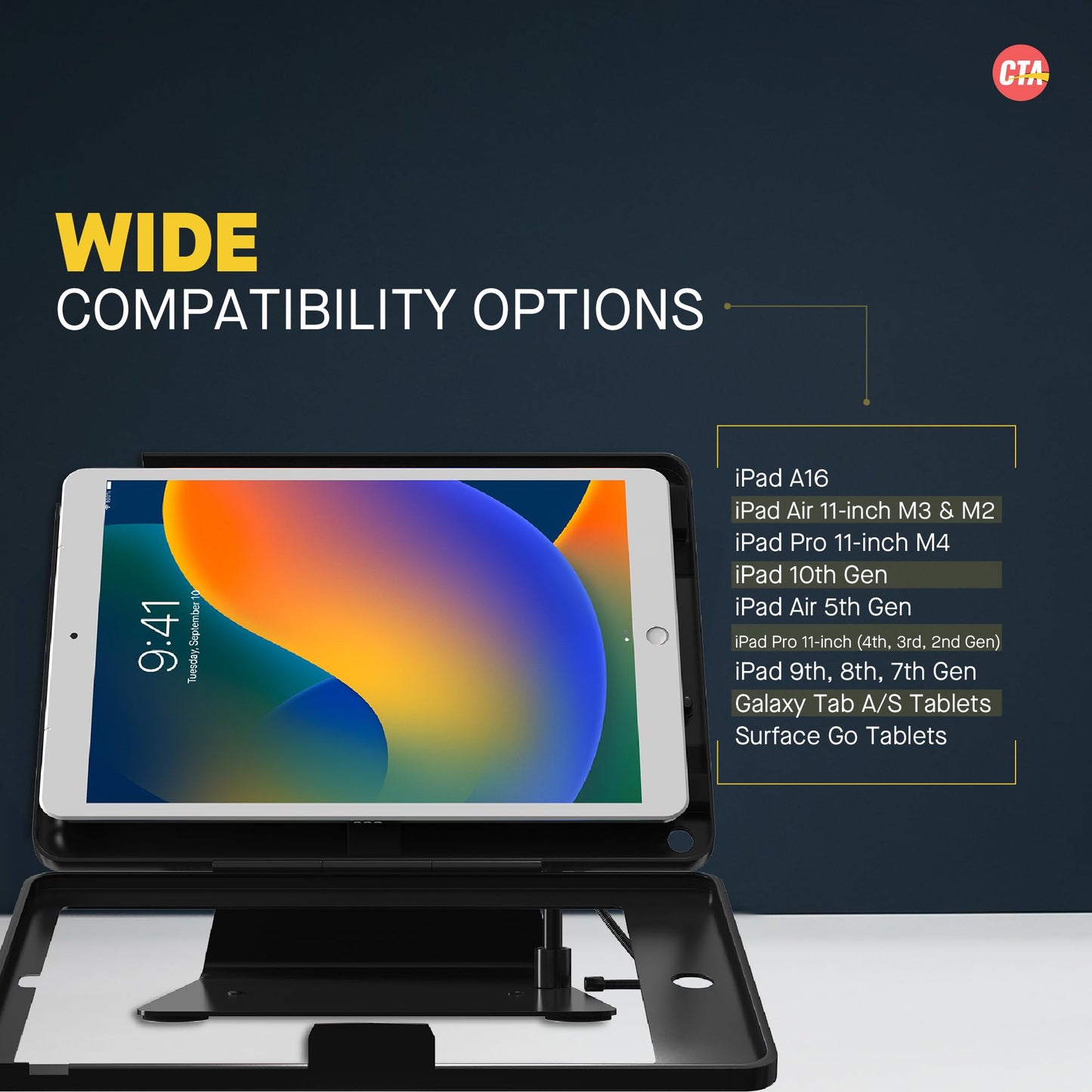 CTA Desktop Anti Theft Stand Kiosk Stand with Stylus, Tether, and Aluminum Enclosure for iPad 10th Gen, 10.9” iPad Air, and 11” iPad Pro - Black - (PAD-DASB109)