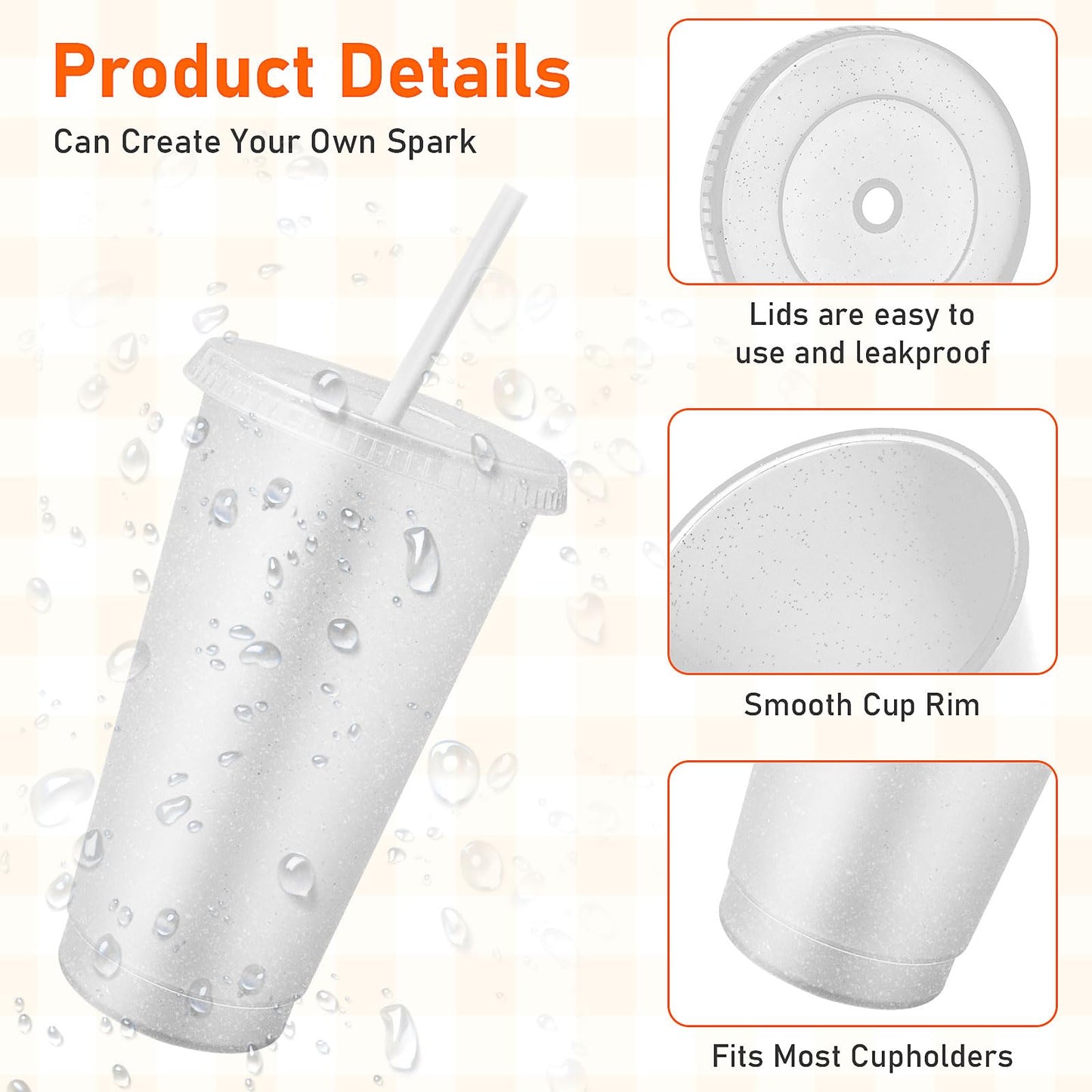 24 Pcs Plastic Glitter Cups with Lids and Straws,24 oz Reusable Tumbler Bulk Water Bottle Iced Coffee Cup Travel Mug for Smoothie Juices Birthday Party Supplies (White)