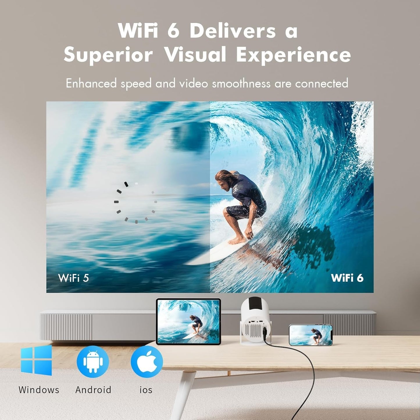 【Built-in Apps & Electric Focus】 Tecaki Mini Projector 1080P 4K Support with WiFi and Bluetooth 5.2, Portable Projector with Auto Keystone, 180° Rotatable, Outdoor Movie Projector for Phone