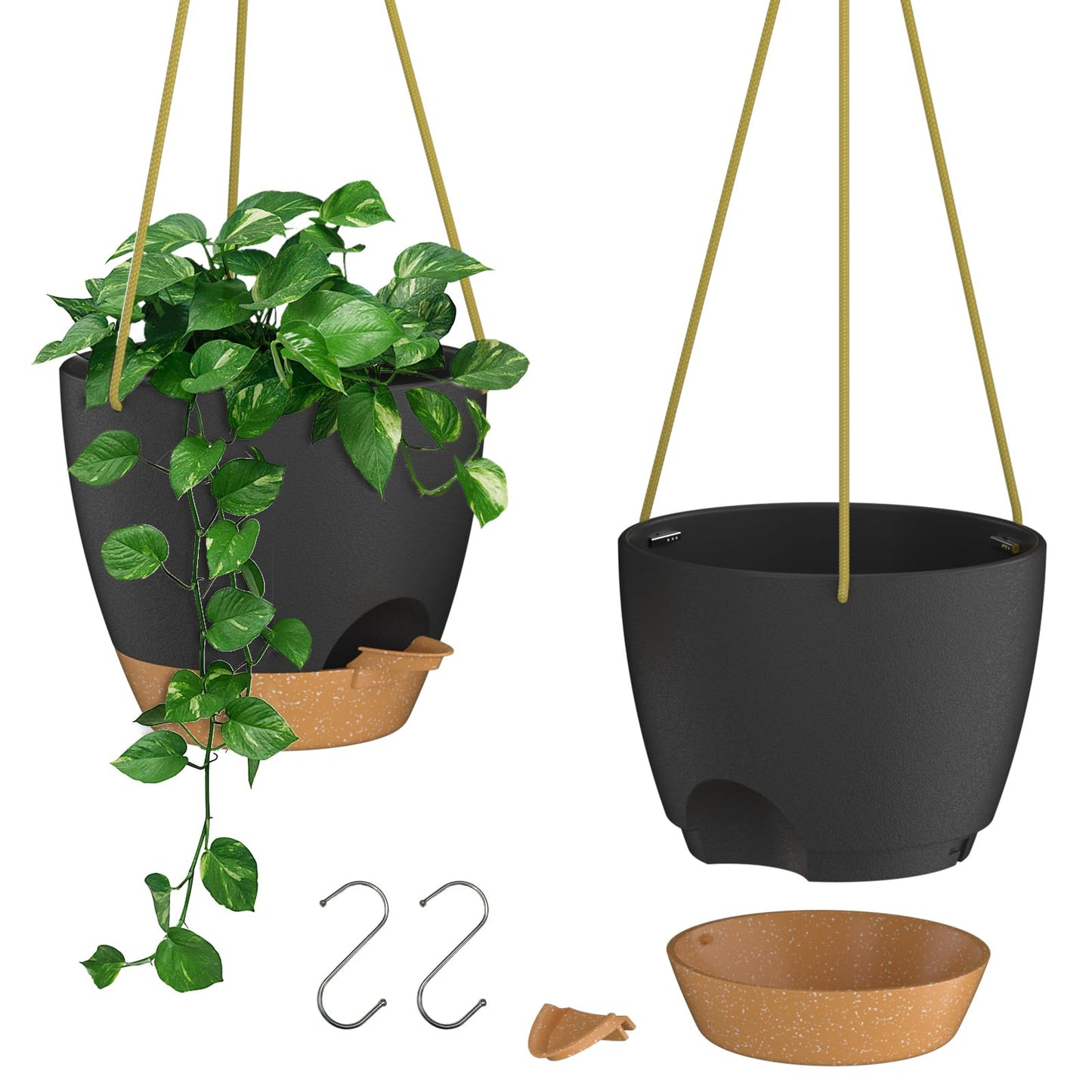ZMTECH 8 Inch Hanging Planters for Indoor Outdoor Plants 2 Pack Self Watering Hanging Plant Pots with Drainage Holes and Removable Saucer Plastic Flower Hanging Pots with Watering Lip (Black)