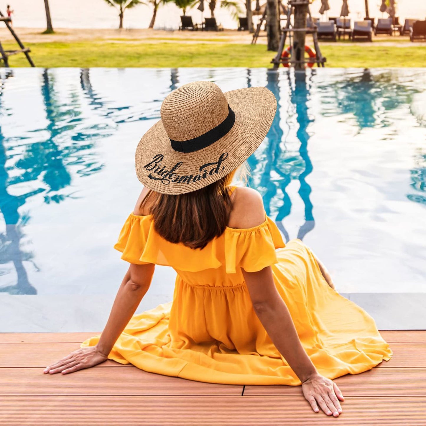 Geyoga 7 Pcs Bride and Bridesmaid Sun Hat Bulk Foldable Floppy Women Hat for Bachelorette Party Gift Honeymoon(Cute Style)