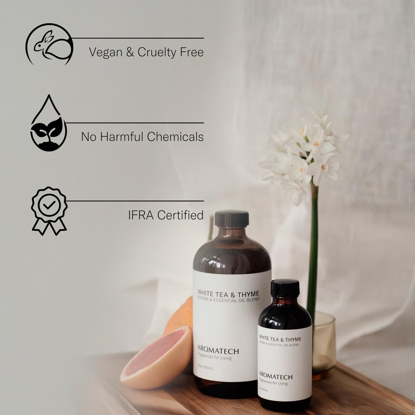 AromaTech White Tea & Thyme Premium Aroma Oil – Crisp & Delicate Home Fragrance with Notes of Tea Leaf, Fresh Thyme & Amber for Scent Diffusers, Cold-Air and UltraSonic Scent Machines – 120 mL